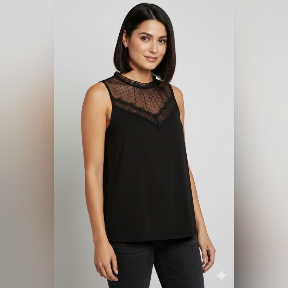 Cure Women's Black Sheer Polka Dot Ruffle Lace/Mesh Sleeveless Blouse Size Med